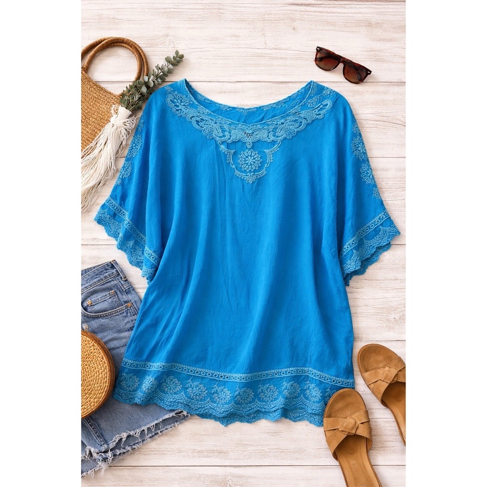 Johnny Was Blue Embroidered Boho Tunic Top Large Silk Blend Oversized